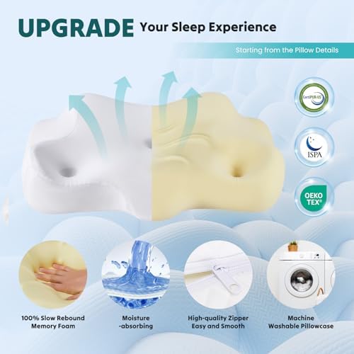 Sweetcrispy Cervical Neck Pillow for Neck Pain Relief, Ergonomic Contour Memory Foam Pillow for Side Back & Stomach Sleepers with Cooling Breathable Cover