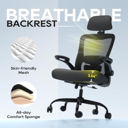 Ergonomic Office Chair for Long Hours, Adjustable Padded Lumbar Support for Lower Back Relief, 330 lb Capacity, Comfortable Computer Desk Chair for Home Office, Work & Study, Black/Black