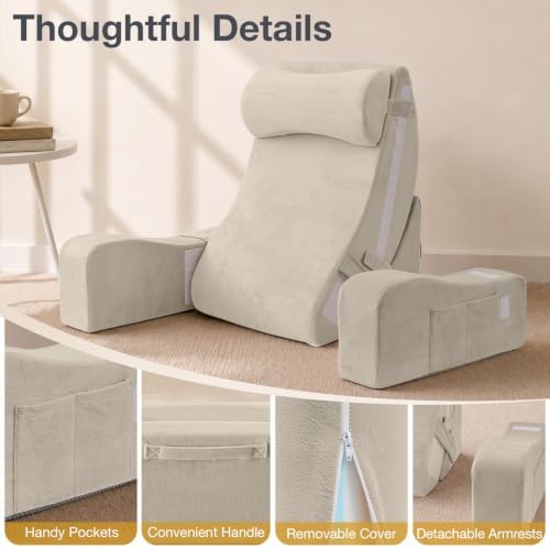 Sasttie 15-25 inch Adjustable Reading Pillow with Armrests, Beige