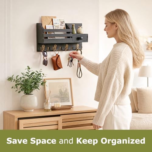 Key Holder Wall Mount, Wooden Key and Mail Organizer, Black