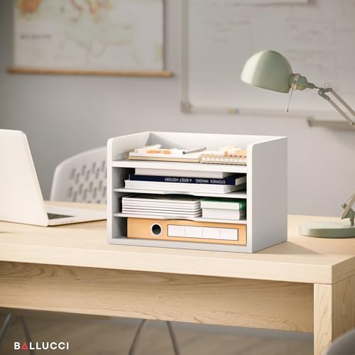 Ballucci File Organizer, 4-Tier Office Desk Organizer, Open Top Wood Paper Organizer for Classroom, Desktop Mail Sorter Paper Tray, White