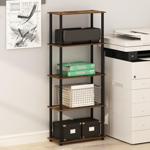 Furinno Turn-N-Tube Storage Shelves, 5-Tier Book Shelf, Corner Shelf, Toolless Open Shelves, for Organization and Storage, Living Room, Garage, Home Office, Amber Pine