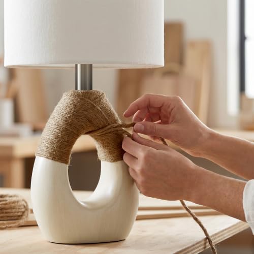 OYEARS 19'' Boho Small Table Lamps Set of 2 for Bedroom, Farmhouse Bedside Lamps with Rattan Rope for Living Room, Nightstand Lamps for Side End Table Sofa Entryway Home Decor, White and Beige