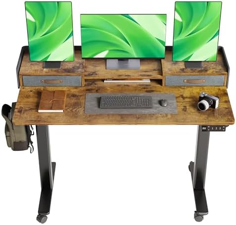 Claiks Standing Desk with Drawers & Wheels, 2 Height Shelf 55" Rustic Brown
