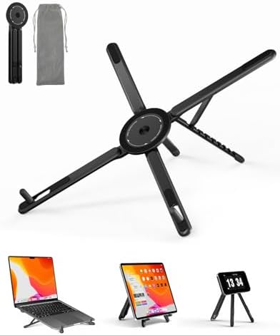 Viozon Portable Laptop Stand for Desk, Foldable Adjustable Computer Riser with Magnetic Phone Holder, Aluminum Laptop Stand for 10–16” Laptops & 4–13” Phones/Tablets (Black)
