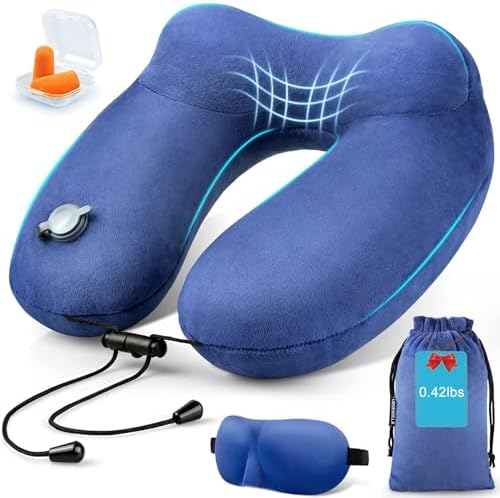 Inflatable Travel Neck Pillow for Airplanes, Super Soft Velvet Neck Support, Adjustable Firmness, Blow Up Plane Pillow for Long Flights, Road Trips, Travel Essentials with Eye Mask, Earplug