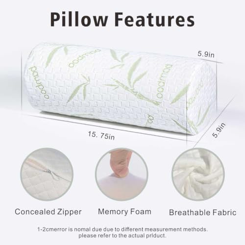 Cervical Neck Roll Pillow – Memory Foam Bolster Pillow for Neck & Back Support, Ergonomic Cylinder Pillow with Washable Cover for Side Sleepers, Lumbar, Knee & Leg Support