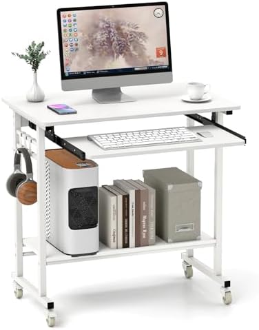 Tangkula Rolling Computer Desk Cart with Keyboard Tray, Mobile Portable Laptop PC Desk with CPU Stand & 3 Hooks for Sofa & Bed, Compact Small Desk on Wheels for Small Spaces (White)