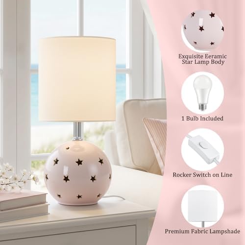 Small Table Lamp, 14" Pink Ceramic Bedside Lamp for Girls Kids Bedroom,Dorm