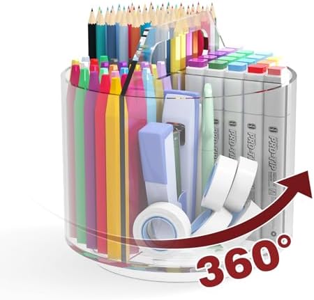 Absonic Pencil Holder for Kids, 360 Rotating Pen Holder for Desk Organizer and Storage, 4 Compartments Art Supply Marker Organizer, Acrylic Kids Desk Organizer for School Lazy Susan Organizer