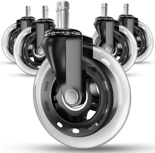 RIVEDA Office Chair Caster Wheels Set of 5 - Smooth 3 inch Heavy-Duty Replacement Rubber Wheels for Gaming & Desk Chair - Easy to Install, Suitable for Hardwood Floors, Carpet, Tiles (Clear)