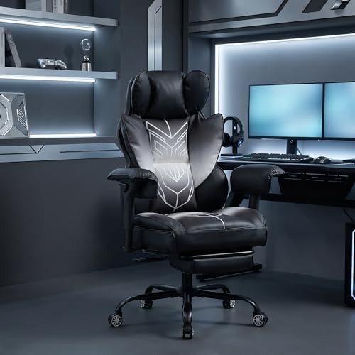 Big and Tall Gaming Office Chair 400lbs - Heavy Duty Ergonomic Computer Desk Chair with Footrest, Adjustable Armrests, High Back PU Leather with Racing Style (Black/White)