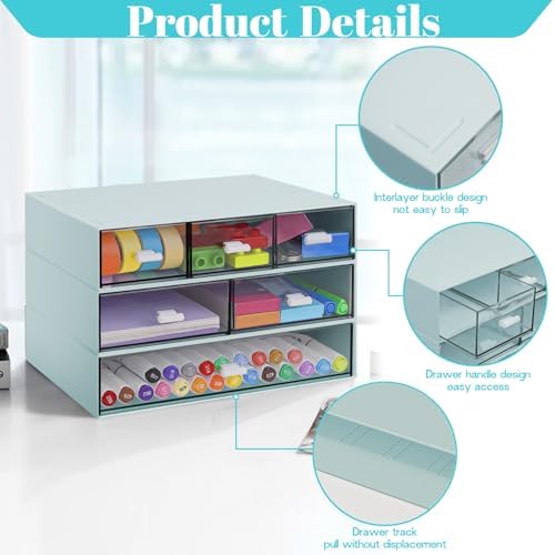 3 Tier Stackable Desk Organizer with 6 Drawers, YOCOMEY Plastic Desktop Storage Box Drawers, Detachable Makeup Storage Office Stationery Supplies Organizer for Office School(New Green)