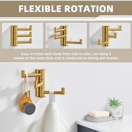 Suyar Brushed Gold Towel Hook, Bathroom Coat Robe Holder with 3 Swivel Arms