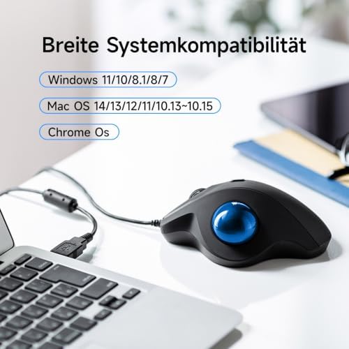 SANWA Wired Trackball Mouse, USB-C/A, Silent Clicks, Programmable, Blue