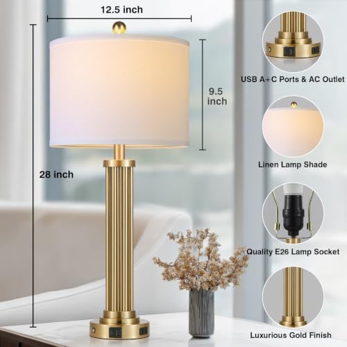28" Tall Modern Table Lamps Set of 2 with USB C+A Ports and AC Outlet, 3 Way Touch Metal Bedside Lamps for Bedroom, Gold Nightstand Lamps for Living Room