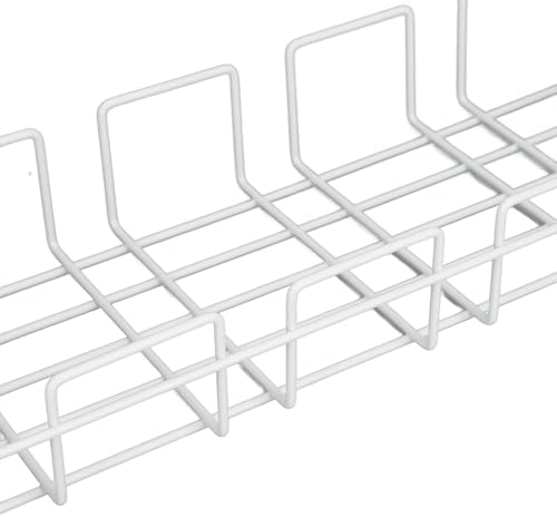 Under Desk Cable Management Tray, Removable Metal Mesh Steel Cord Organizer for Desk, Standing Accessories with Clamp Mount and No Drill for Home Office Standing (White)