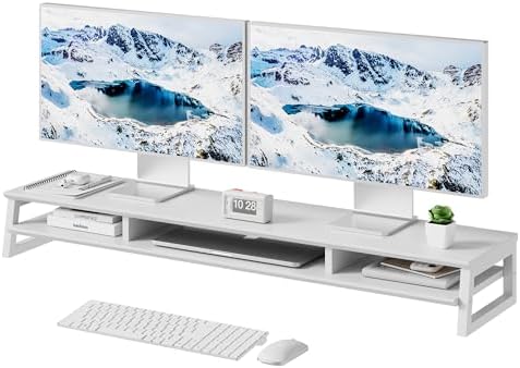 Dual Monitor Stand Riser for Desk, 41.7 Inch Large 2 Tier Computer Monitor Stand for 2 Monitors, Desktop Storage Organizer Shelf with Keyboard Space for Laptop PC Printer White