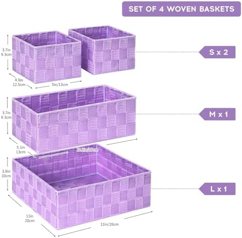 Posprica Woven Storage Baskets for Organizing, Small Black Baskets Cube Bin Container Tote Organizer Divider for Drawer, Closet, Shelf, Dresser, Set of 4(Purple)
