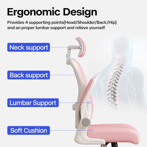 Office Chair, Ergonomic Desk Chair with Adjustable Lumbar Support, High Back Mesh Computer Chair and Headrest, Comfortable Gaming Chairs Rolling Swivel Task Chairs Flip-up Arms(Pink)