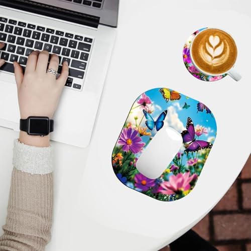 Small Mouse Pad，Mini Mouse Pad 6 x 7 Inch，for Laptop Keyboard Tray Wireless Mouse Home Office Travel，with Non-Slip Rubber Base, Waterproof Mouse Mat，Butterflies in Flower Field