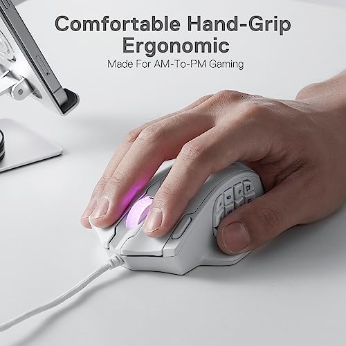 Redragon M908 Impact RGB LED MMO Gaming Mouse with 12 Side Buttons, Optical Wired Ergonomic Mouse with Max 12,400DPI, High Precision, 18 Programmable Macro Shortcuts, Comfort Grip, White