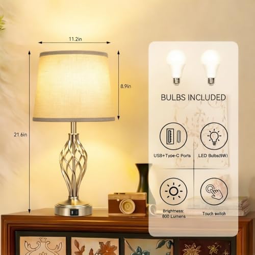 Ruiever Touch Table Lamps Set of 2, nightstand lamp with USB Ports Bedside 3 Way Touch dimmer Desk lamp for Living Room Bedroom,Nickel Spiral Cage Grey Shade, Warm White dimmer Bulbs Included.