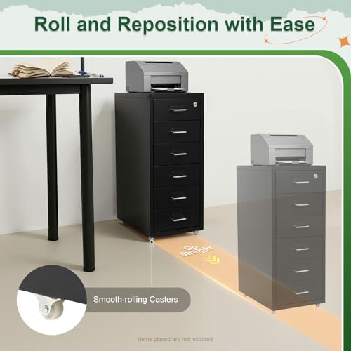 6 Drawer File Cabinet with Lock, Freestanding Filing Metal Drawers Organizer Vertical Metal Rolling Organizer Movable Under Desk Cabinet with Wheels for Home Office Living Room Study (6 Tiers Black)