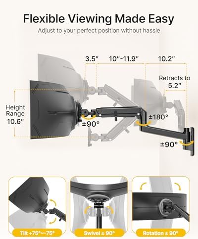 monTEK Single Monitor Wall Mount, 17–57" Gas Spring Arm, Heavy Duty, Black