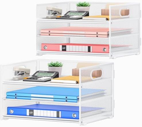 Paper Organizer with Handle,2P-3 Tier Letter Tray White Desk Organization