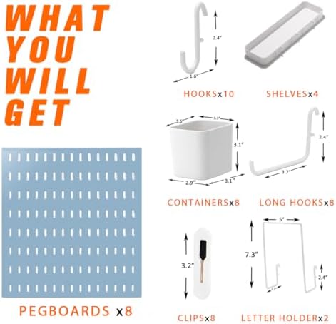 Peg Board Combination Kit, 8 Pegboards with 40 Accessories, Pegboard Wall Organizer for Office, Nursery & Home Storage, Key Holder, 51.2"x25.6" – Nail-Free Installation（Blue）