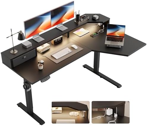 Agilestic 63*35 Inch L Shaped Standing Desk with Shelf & Led& Outlet, Black