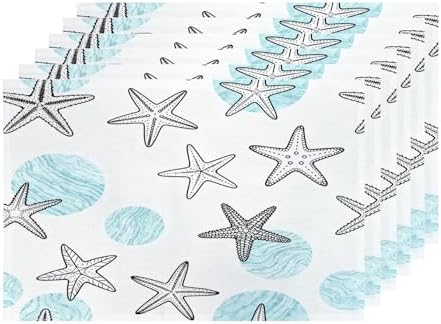 Shrahala Coastal Nautical Set of 6 12 X 18 Inch Linen Placemats, Circles Starfish Blue White Marine Theme Burlap Table Mat Washable Double Layered Heat Insulation for Indoor/Outdoor