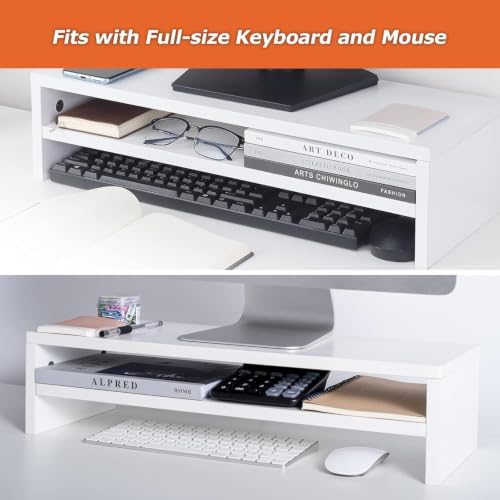 BEYGORM Monitor Stand Riser, White, 21.6 inch, 2 Tiers Wood Desk Shelf