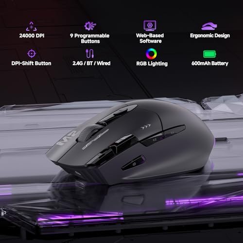 TMKB M2 Wireless Gaming Mouse, 24K DPI, Tri-Mode 2.4G/BT/USB-C, 9 Buttons
