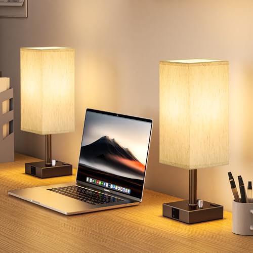 Brown Bedside Table Lamps Set of 2 - Dimmable, USB C+A, 2 AC Outlets