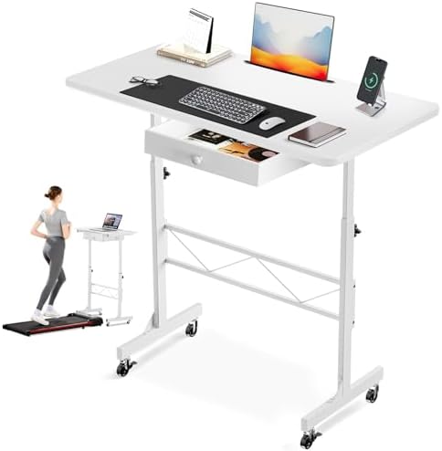 GTPLAYER Small Mobile Standing Desk, 32In Wide Adjustable Height Stand Up Desk for Home Office, Portable Sit Stand Rolling Computer Desk with Wheels Storage Drawer and Slot, Carbon Fiber Style White