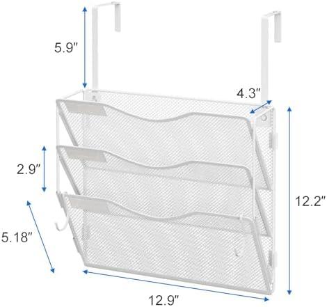 BOHDK Wall File Organizer, Hanging File Folder Organizer, Vertical Mesh Metal Door/Wall Mount Hanging File Holder. Paper Document Magazine Rack with Hooks for Home Office Black (3 Pockets White)
