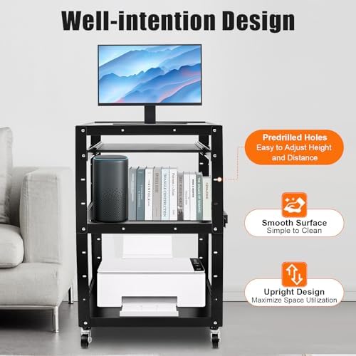 AV Cart on Wheels, Rolling Standing Desk Stand up Desk Rolling Presentation and Media Cart Height Adjustable Top Shelf Pullout Keyboard Tray Cable Hole Design 66lbs Load Capacity Each Layer