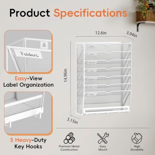 Wall File Holder Hanging Wall File Organizer, Wall Mount Mail Holder and Paper Organizer with Bottom Shelf & 5 Hooks for Office Home School (8-Tier White)