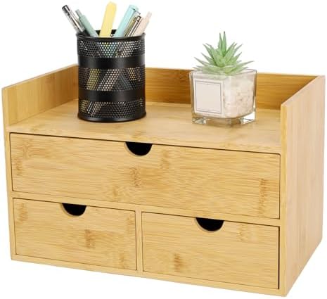 Charmewooden Bamboo Desk Organizer With Drawers Countertop Drawers Counter Storage Box Corner Desk Organizer for Home Office No Assembly Required