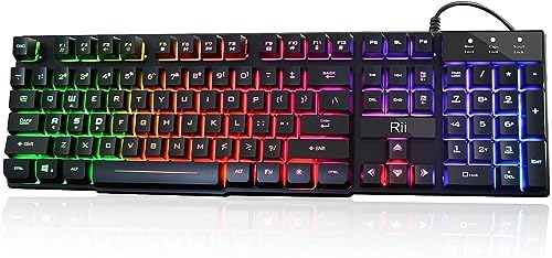Rii RK100+ Multiple Color Rainbow LED Backlit Large Size USB Wired Mechanical Feeling Multimedia PC Gaming Keyboard,Office Keyboard for Working or Primer Gaming,Office Device(New RK100+)