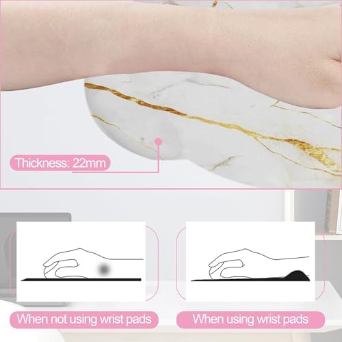 White Gold Flowing Marble Mouse Pad with Wrist Rest and Keyboard Wrist Rest Set, Non-Slip Rubber Base Memory Foam Mouse Pad Set for Women, Office Desk Accessories, Gaming