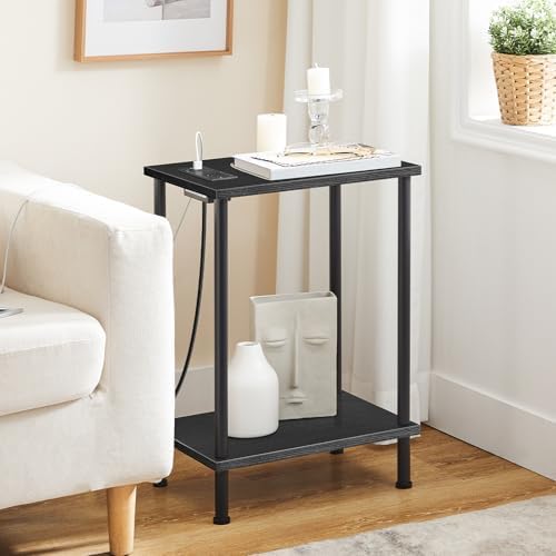 HOOBRO Side Table with Charging Station, End Table with USB Port and Outlets, Nightstand with 2-Layer Storage Shelves for Small Spaces, Living Room, Bedroom, Black BK09UBZ01