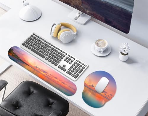 eulps Mouse Pad Wrist Support, Ergonomic Memory Foam Keyboard Wrist Pad & Gel Wrist Rest Set for Computer Keyboard for Easy Typing & Pain Relief for Office & Home (Oceanic Sunset Set)