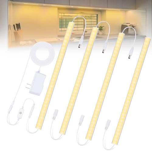 JUSJUBR Under Counter Lights for Kitchen, 4pcs 12 Inch Warm White 3000K Dimmable LED Under Cabinet Lighting with Memory Function, Under Cabinet Lights Plug-in, LED Light Bar for Closet