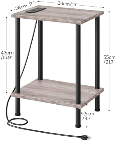 HOOBRO Side Table with Charging Station, End Table with USB Ports and Outlet, Nightstand with 2-Layer Storage Shelves for Small Spaces, Living Room, Bedroom, Stable Frame, Greige and Black BG09UBZ01