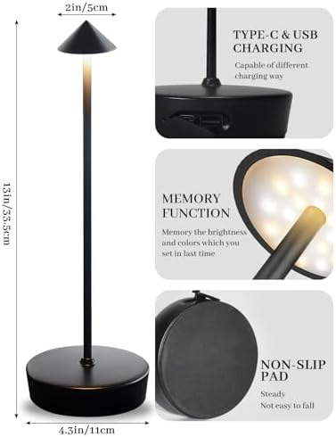 2 Packs Black Cordless Rechargeable Table Lamp 7200mAh Portable Touch Control LED Waterproof Table Lamp for Bar Bedroom Reading(2 Packs Black)