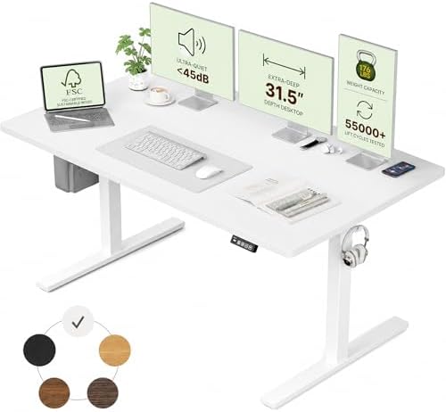 Grandder 55x32 Large Electric Standing Desk, Height Adjustable Computer Desk with 2 Memory Presets, 31.5" Deep Desktop Sit Stand Desk Home Office Desk Workstation Table with Hooks, White