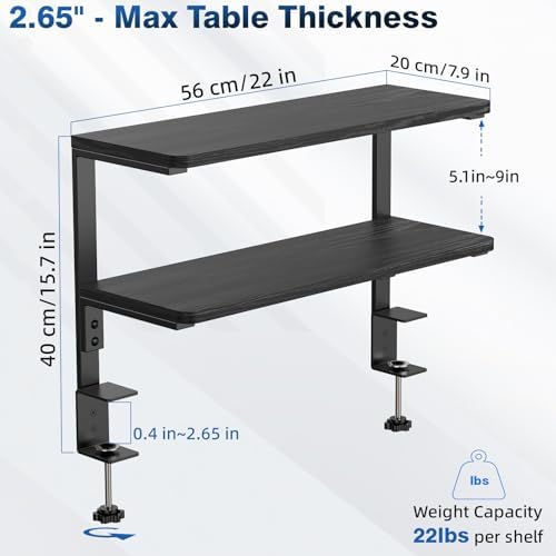 2-Tier Desk Extender, 22-inch Clamp-On Desk Shelf, Height-Adjustable Desktop Shelf Organizer for Monitors Office and Gaming Accessories, Arm Support Table Extension, Black